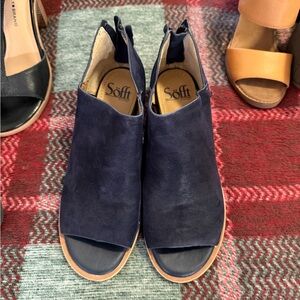 Sofft Navy Suede Open-Toe Wedge Mules